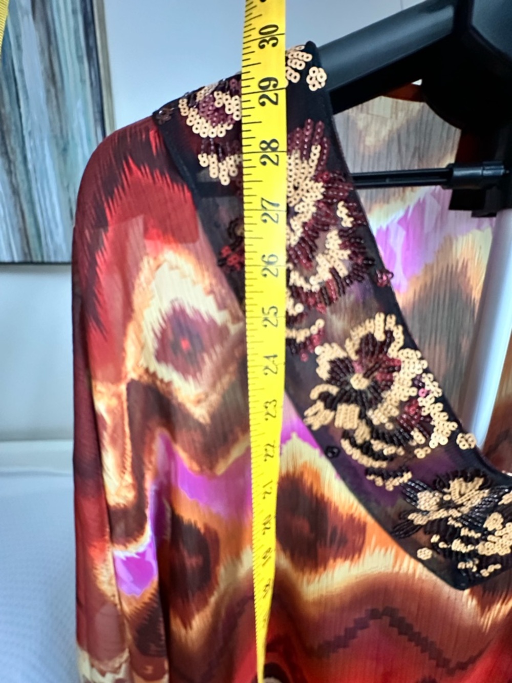 Debbie Shuchat Silk Blouse M/M | Sequin V-Neck Abstract Print Boho Top- Sheer - Picture 4 of 6